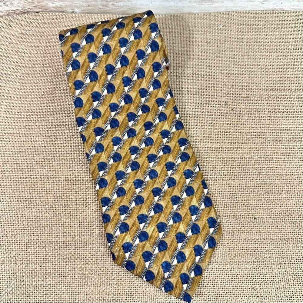 Vintage- FERRELL REED- Gold/Blue Print 100% Silk Men's Tie- USA Made